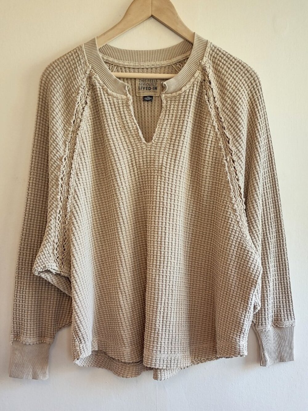 American Eagle Seriously Lived In Waffle Knit Top XXSmall Crochet Lace Coastal - Picture 3 of 8